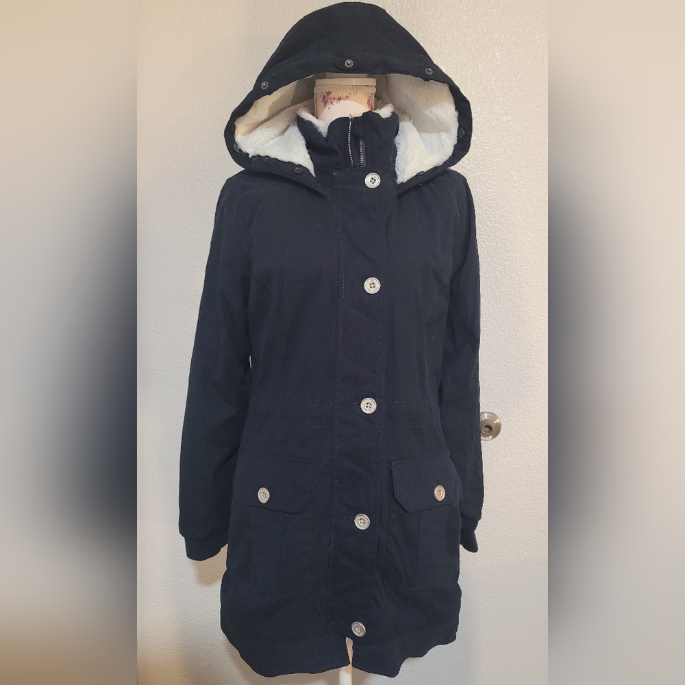Hollister Navy Hooded Trench Coat with Sherpa Lining